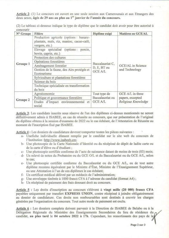 Ouverture concours  ISABEE 2023-2024 de l'Université de Bertoua à Belabo