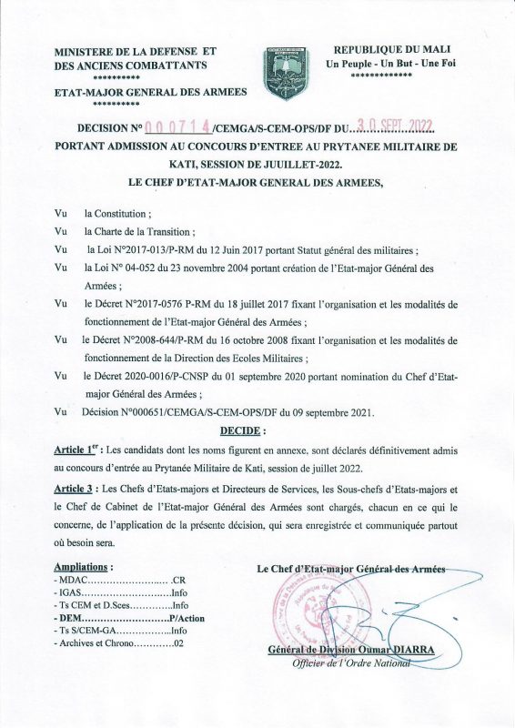 Résultat du Concours d'entrée au Prytanée Militaire de Kati (PMK) Session de juillet 2022 Mali