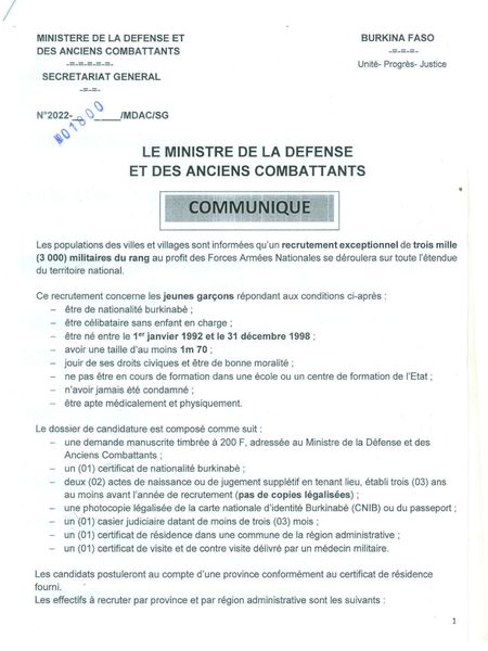 Recrutement des 3 000 militaires de rang au Burkina Faso 2022