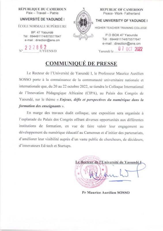 Université de Yaoundé I: Communiqué de presse du lancement de Colloque International de l'Innovation Pédagogique Africaine