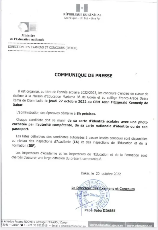 Concours d'entrée à la maison d'éducation Mariama Ba de Gorée session 2022