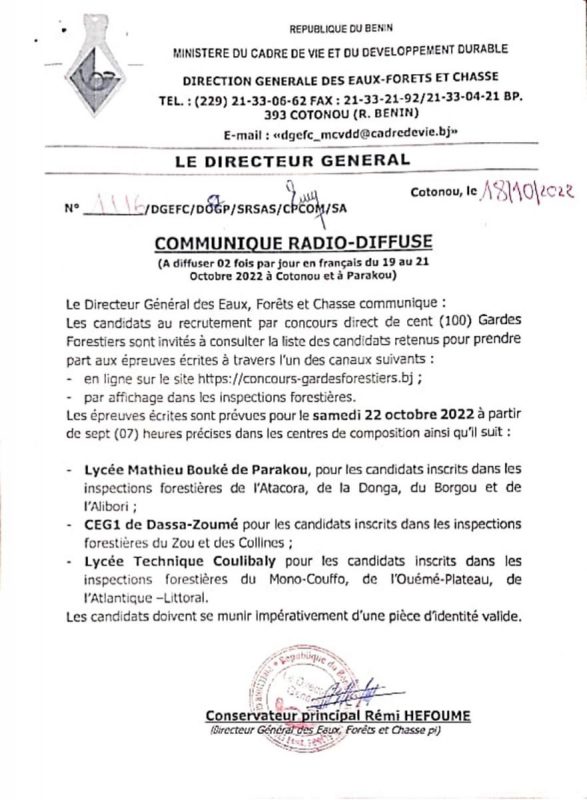 Date des épreuves écrites prévues pour le concours de recrutement de 100 gardes forestiers 2022 au Bénin