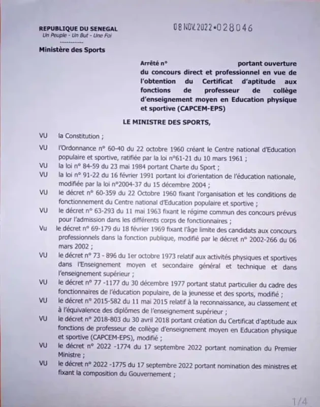 Ouverture Dépôts des dossiers au Concours CAPCEM-EPS 2022 Sénégal