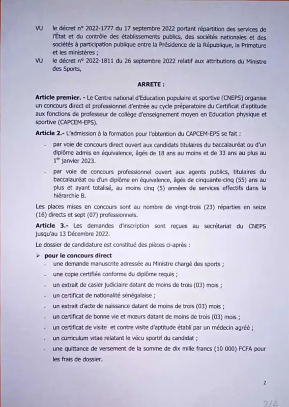 Ouverture Dépôts des dossiers au Concours CAPCEM-EPS 2022 Sénégal