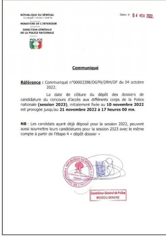 Prorogation de la date de clôture du dépôt des dossiers pour le concours Police Sénégal 2023