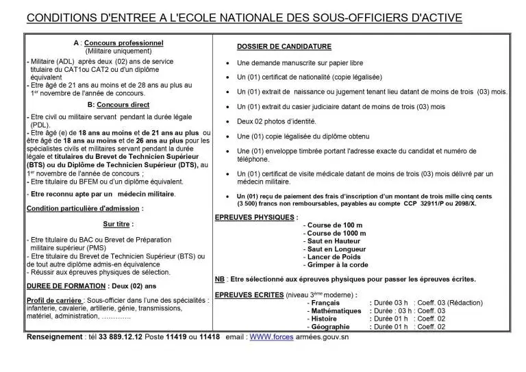Conditions de candidature au concours d'entrée à l'Ecole Nationale des Sous-Officiers d'active ENSOA 2023
