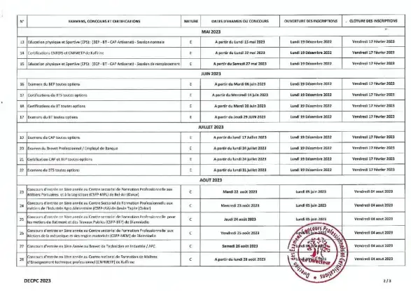 Calendrier 2023 des examens - concours professionnels et certifications de la DECPC au Sénégal