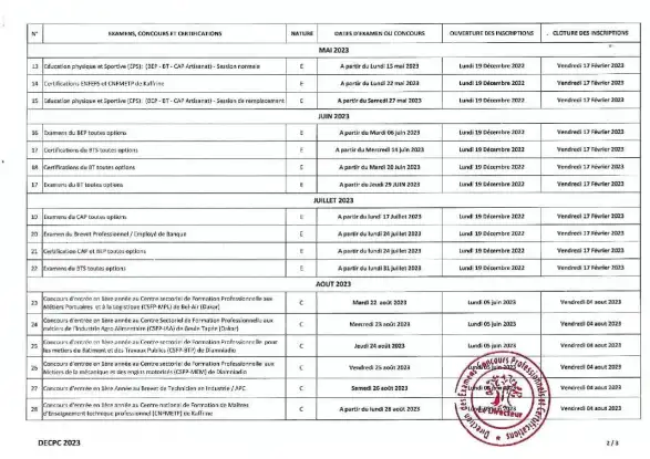 Calendrier 2023 des examens - concours professionnels et certifications de la DECPC au S&eacute;n&eacute;gal