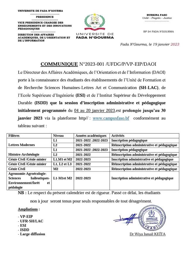 L'Université de FADA N'GOURMA: Les inscription administrative et pédagogique sont prolongées