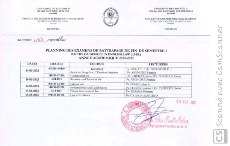 Programme des Examens de Rattrapage de fin de 1er Semestre à l'Université de Yaoundé II (SOA) 2022/2023