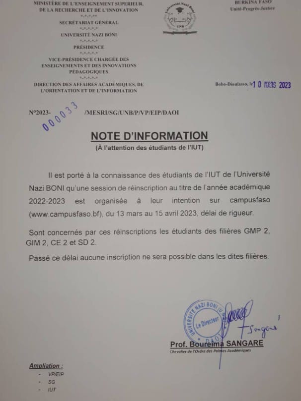 Session de réinscription a l'attention des etudiants de l'iut de l'université nazi boni 2023