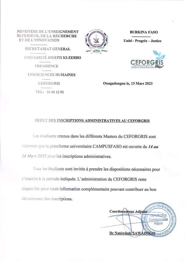 Debut des inscriptions administratives au ceforgis à l'universite joseph ki-zerbo 2023