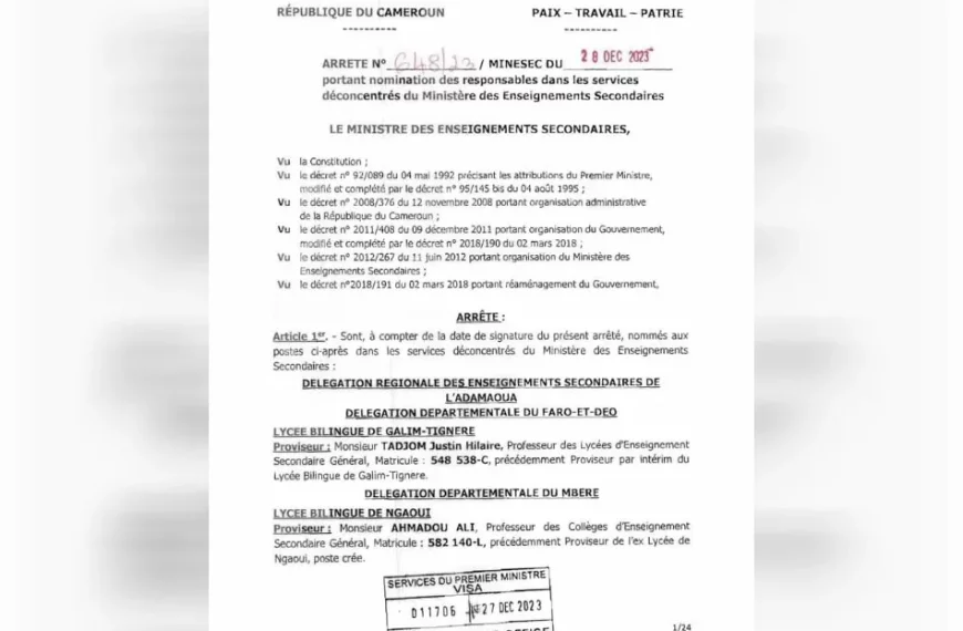 MINESEC: Arrêté portant nomination des proviseurs des lycées 2023