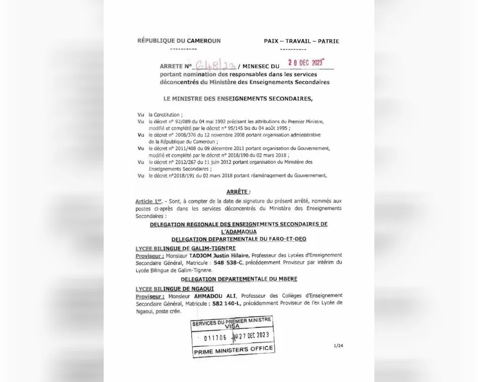 MINESEC: Arrêté portant nomination des proviseurs des lycées 2023