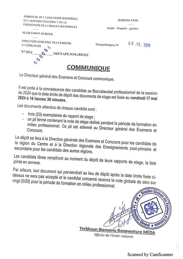 Information important pour les Candidats au Baccalauréat Professionnel 2024 au Burkina Faso