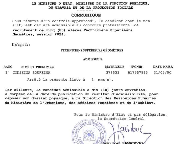 Résultats d’admissibilité de six (06) concours professionnels session 2024 au Burkina Faso