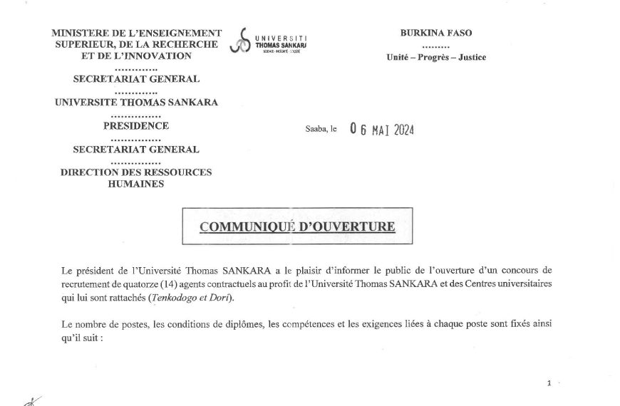 Concours de recrutement de quatorze (14) agents contractuels 2024 au Burkina Faso