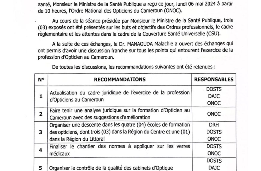 Communiqué Final Concertation Avec L'ordre National Des Opticiens Du Cameroun 2024