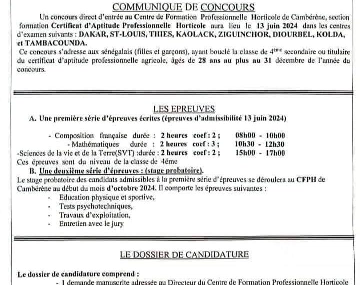 Concours d’entrée au Centre de Formation Professionnelle Horticole de Cambérène 2024 au Sénégal