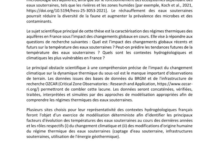 Offre de thèse pour décrypter l’impact du réchauffement climatique sur les aquifères français
