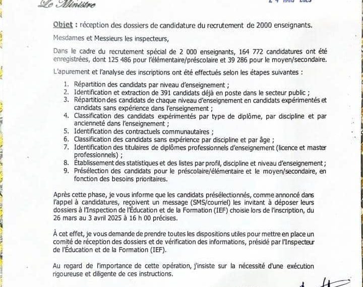 Recrutement de 2000 Enseignants au Sénégal : Les Candidats Présélectionnés Appelés à Déposer leurs Dossiers