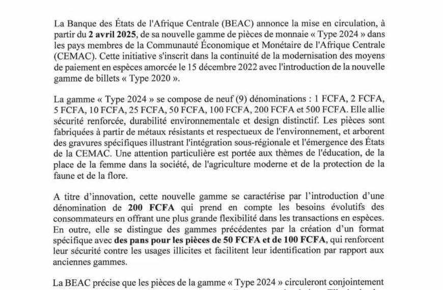 La BEAC lance officiellement sa nouvelle gamme de pièces « Type 2024 »