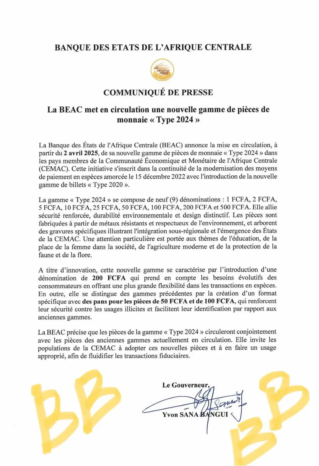 La BEAC lance officiellement sa nouvelle gamme de pièces « Type 2024 »