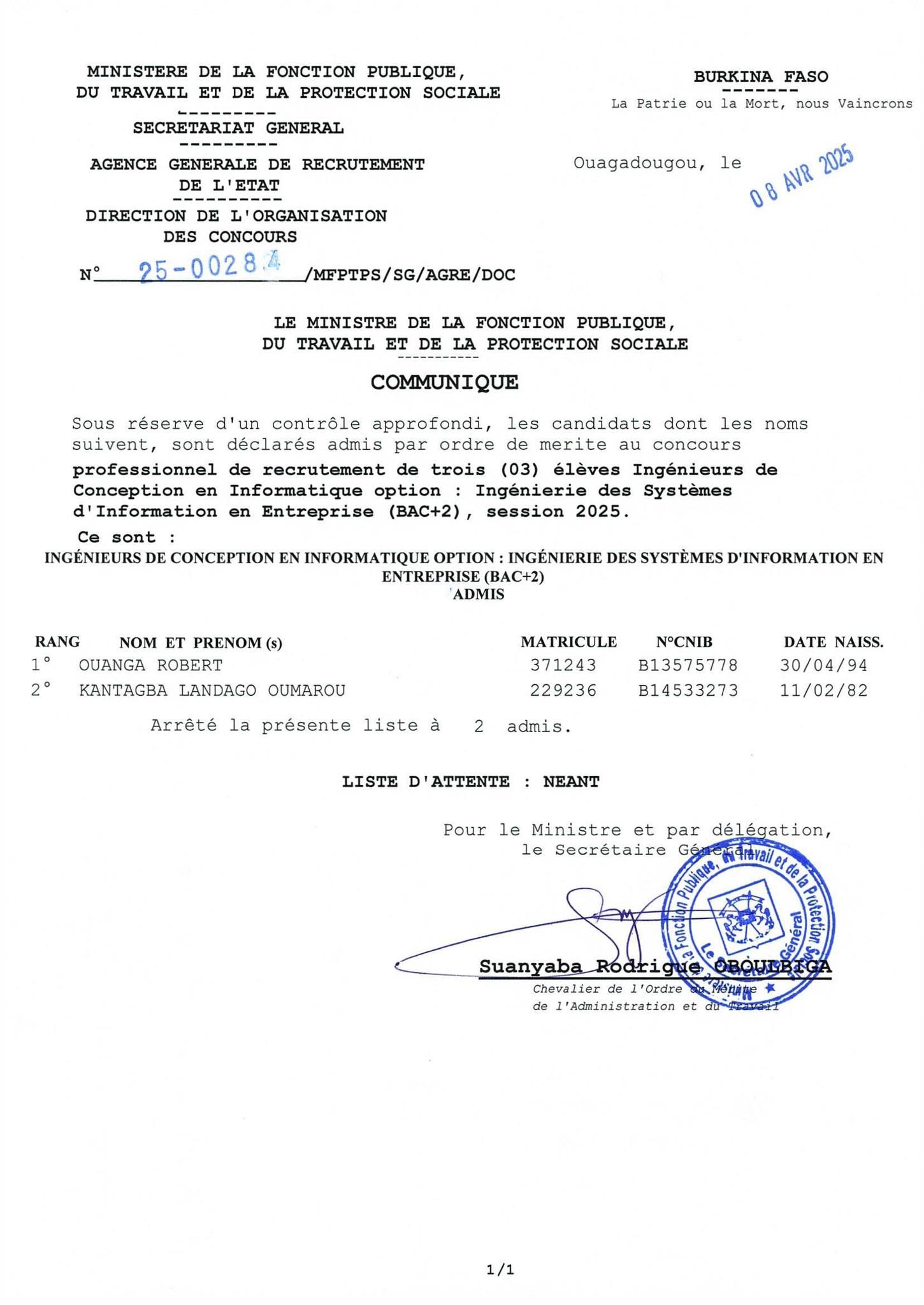 Résultats d'admission de sept (07) concours professionnels session 2025