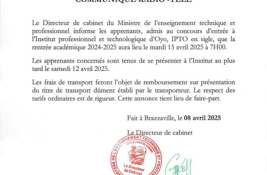 rentrée académique de l’Institut professionnel technologique d’Oyo