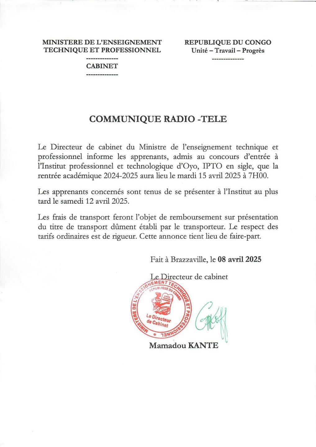 rentrée académique de l’Institut professionnel technologique d’Oyo