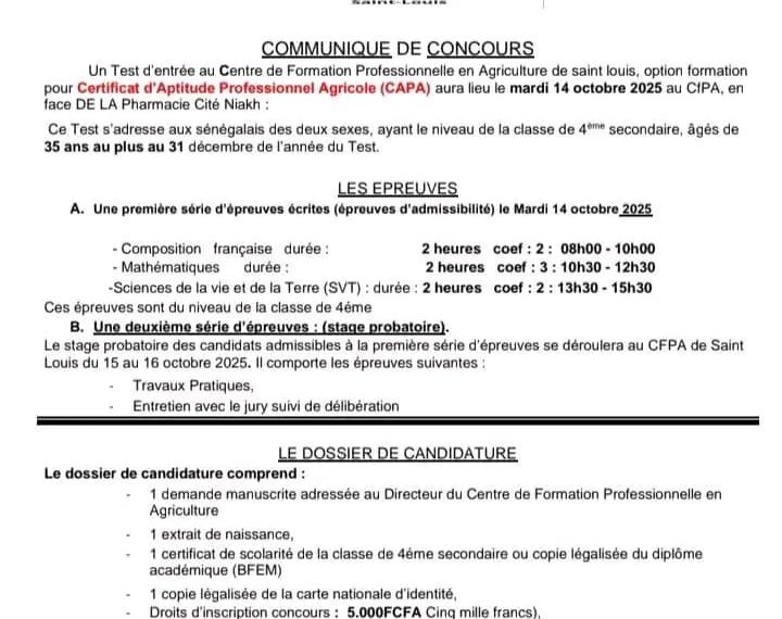 Avis de concours CIPA Saint-Louis 2025 au Sénegal