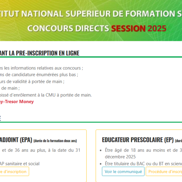 Ouverture Concours INSFS CI 2025 Option EDUCATEUR PRESCOLAIRE (EP)
