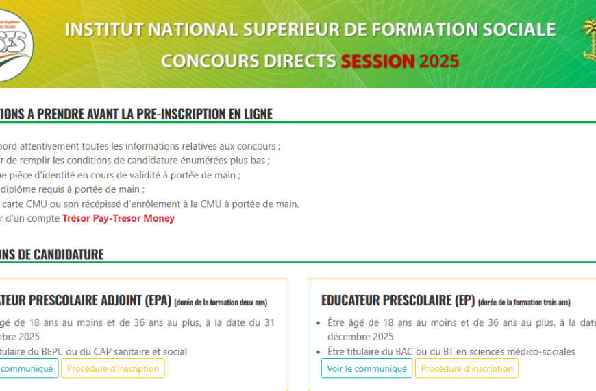 Ouverture Concours INSFS CI 2025 Option EDUCATEUR PRESCOLAIRE (EP)