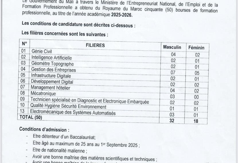 Avis aux candidats pour cinquante (50) bourses de formation professionnelle au Maroc 2025-2026