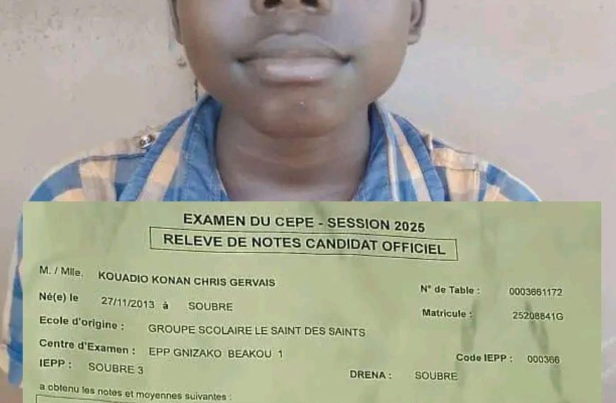 CEPE 2025 en Côte d’Ivoire : Félicitations à Kouadio Konan Christ Gervais pour son brillant succès avec 159,52 points