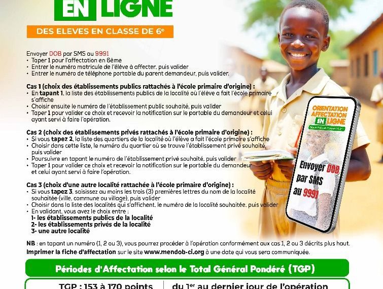 Côte d’Ivoire : Les affectations en ligne en 6e pour 2025 se feront par SMS !