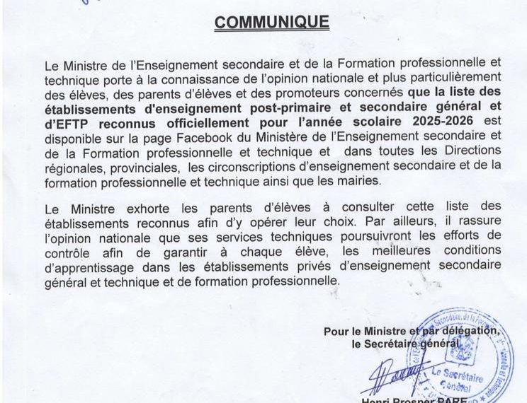 Burkina Faso : Le Ministère de l’Éducation Publie la Liste des Établissements Post-Primaires et Secondaires Reconnus pour 2025-2026