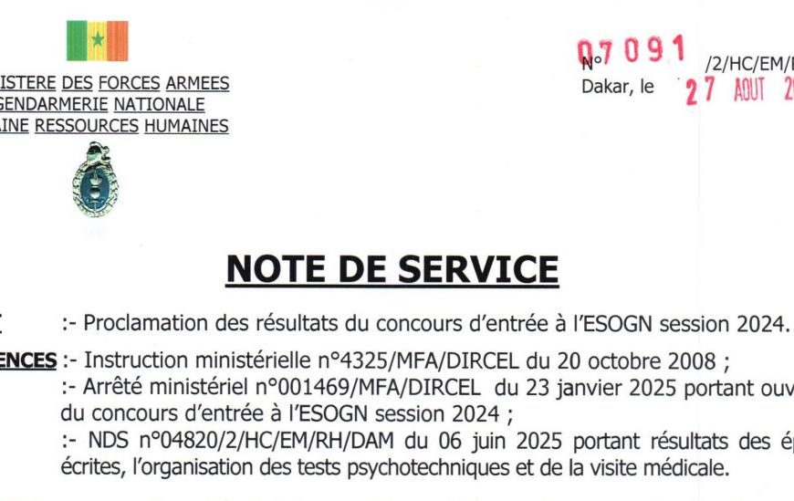 Sénégal : résultats du concours d’entrée à l’ESOGN session 2024
