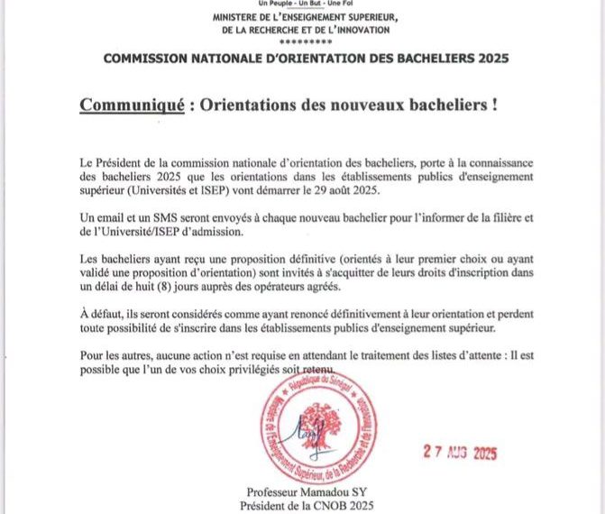 Sénégal : Les orientations dans les établissements publics d’enseignement supérieur (Universités et ISEP) vont démarrer le 29 août 2025