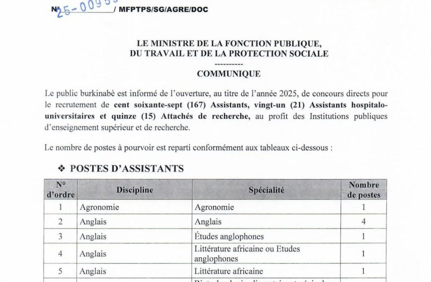 Concours directs de recrutement de cent soixante-sept (167) Assistants, vingt-un (21) Assistants hospitalo-universitaires et quinze (15) Attachés de recherche, session 2025