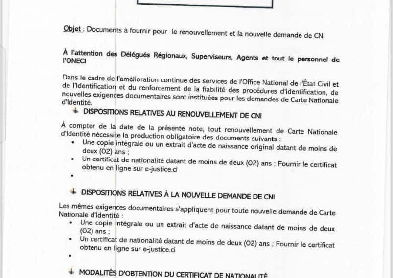 Nouvelles dispositions pour l’obtention et le renouvellement de la CNI en Côte d’Ivoire