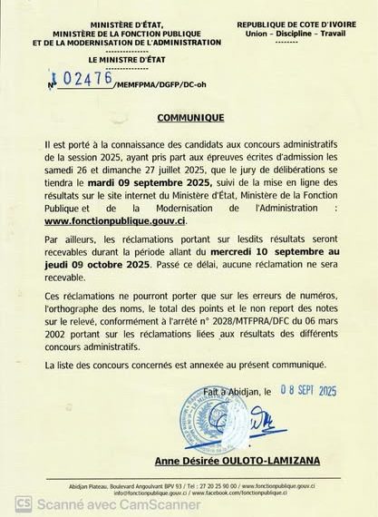 Publication imminente des résultats des concours administratifs de 2025 en Côte d’Ivoire