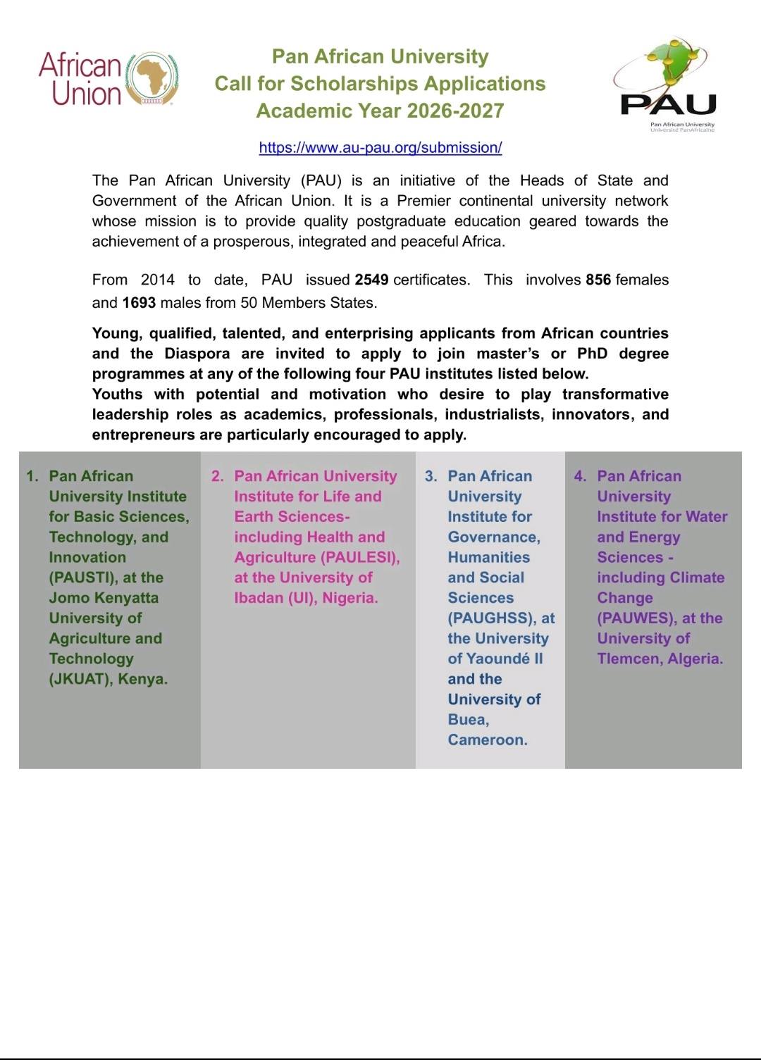Bourses d'Études Panafricaines (Master & PhD) : L'Union Africaine Lance son Appel 2026-2027