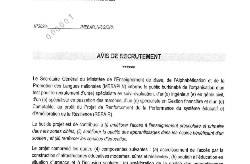 Éducation au Burkina Faso : Le projet REPAIR lance un recrutement stratégique de cadres, session 2026